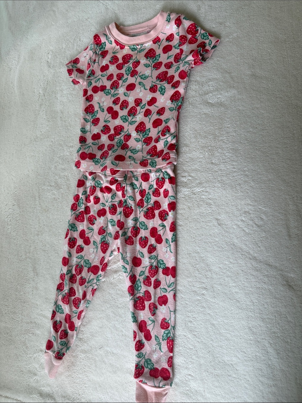 wonder nation Pink Strawberry Print Kids Pajama Set with Green Leaf Accents